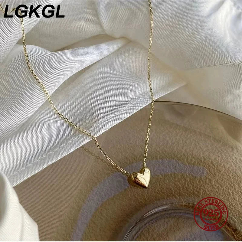 LGKGL 925 Sterling Silver Glossy Heart Pendant Plated 14K Gold Necklace Women  Fashion Temperament Anniversary Jewelry