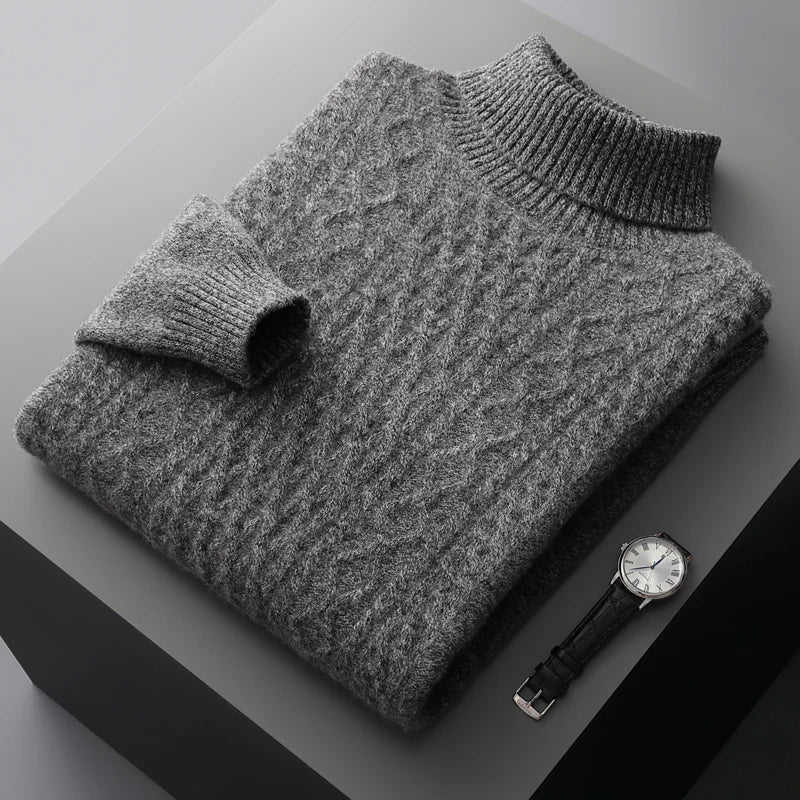 Autumn and winter new 100% wool cashmere sweater men's high neck thick jacquard bottoming shirt loose knit top warm pullover