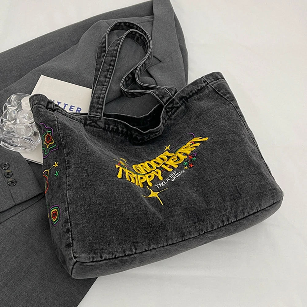 Denim Shoulder Bag Canvas Embroidered Letters Handbag Casual Travel Shopper Retro Hobo Bag Large Capacity Shoulder Underarm Bag Valentines Gift