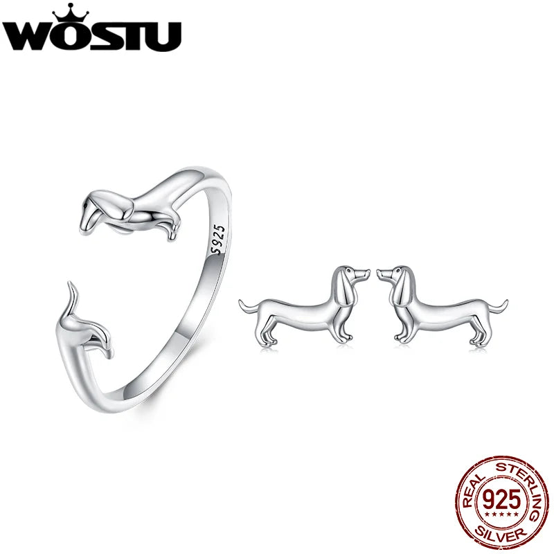 WOSTU 925 Sterling Silver Cute Dachshund Dog Adjustable Rings Stud Earrings Original Girl Lovely Pet Jewelry Set Birthday Gift Valentines Gift