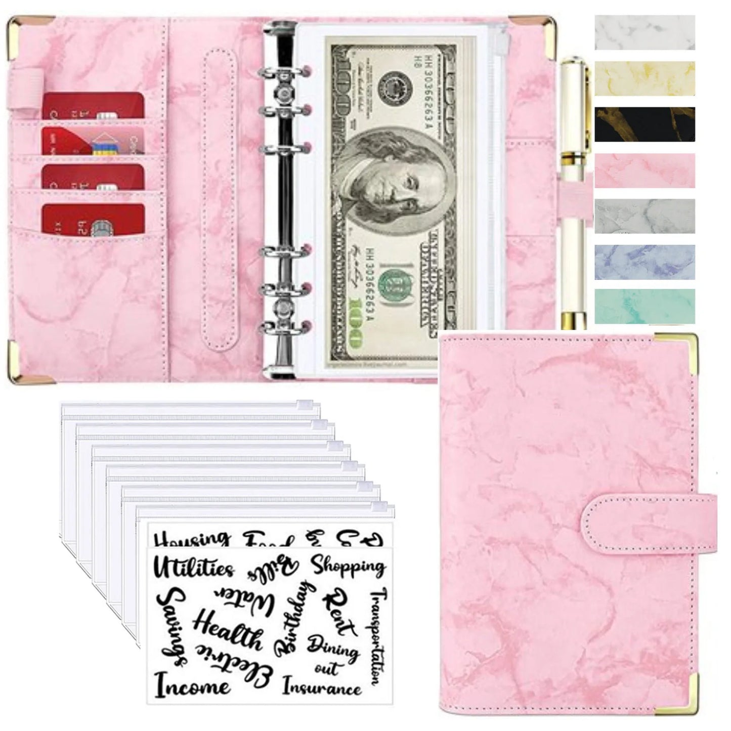 A6 Money Saving Organizer PU Leather Budget Binder Marble Notebook Budgets Planner 2023 Envelope Office School Supplies Valentines Gift