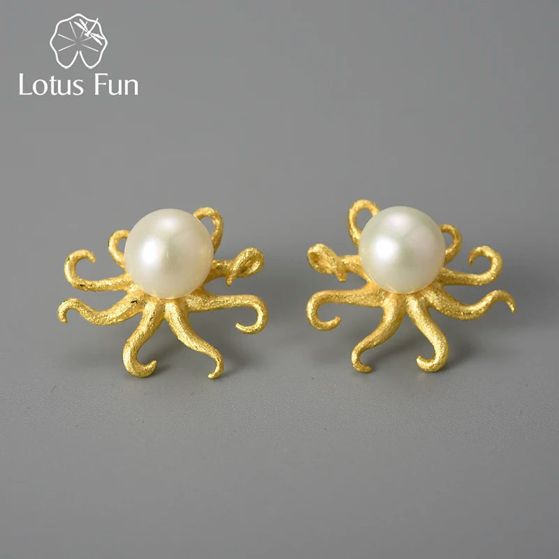 Lotus Fun Creative Octopus Natural Pearl Stud Earrings for Women Real 925 Sterling Silver Original Statement Luxury Fine Jewelry