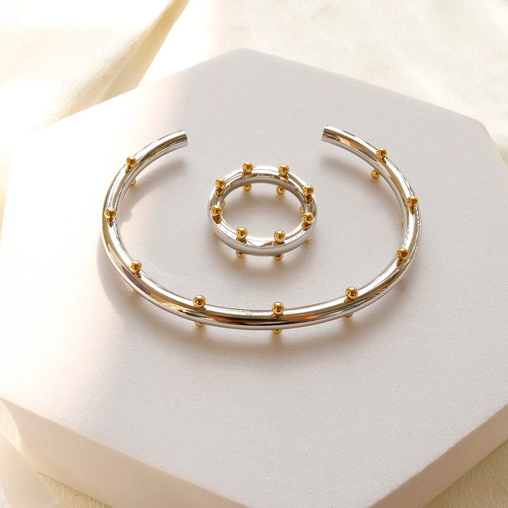 Luxury Jewelry Set Stainless Steel Bangle Bracelet Finger Ring Hoop Earrings With Mini Balls For Women Men Fashion Jewelry Gifts