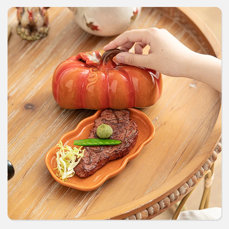 Cute and Novel Pumpkin with Lid Ceramic Dining Plate Snack Plate Kitchen Utensils Restaurant Utensils New Year's Festival Gifts