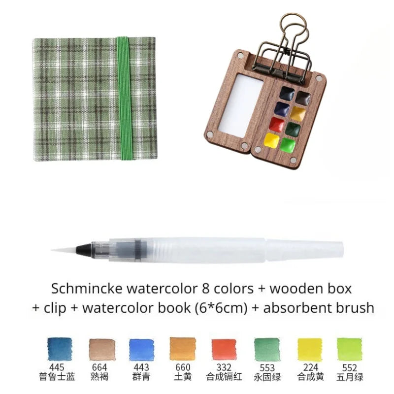 Portable Travel Watercolor Set Schmincke Watercolor 8 Colors Mini Walnut Paint Box Sketchbook Student Outing Art Supplies