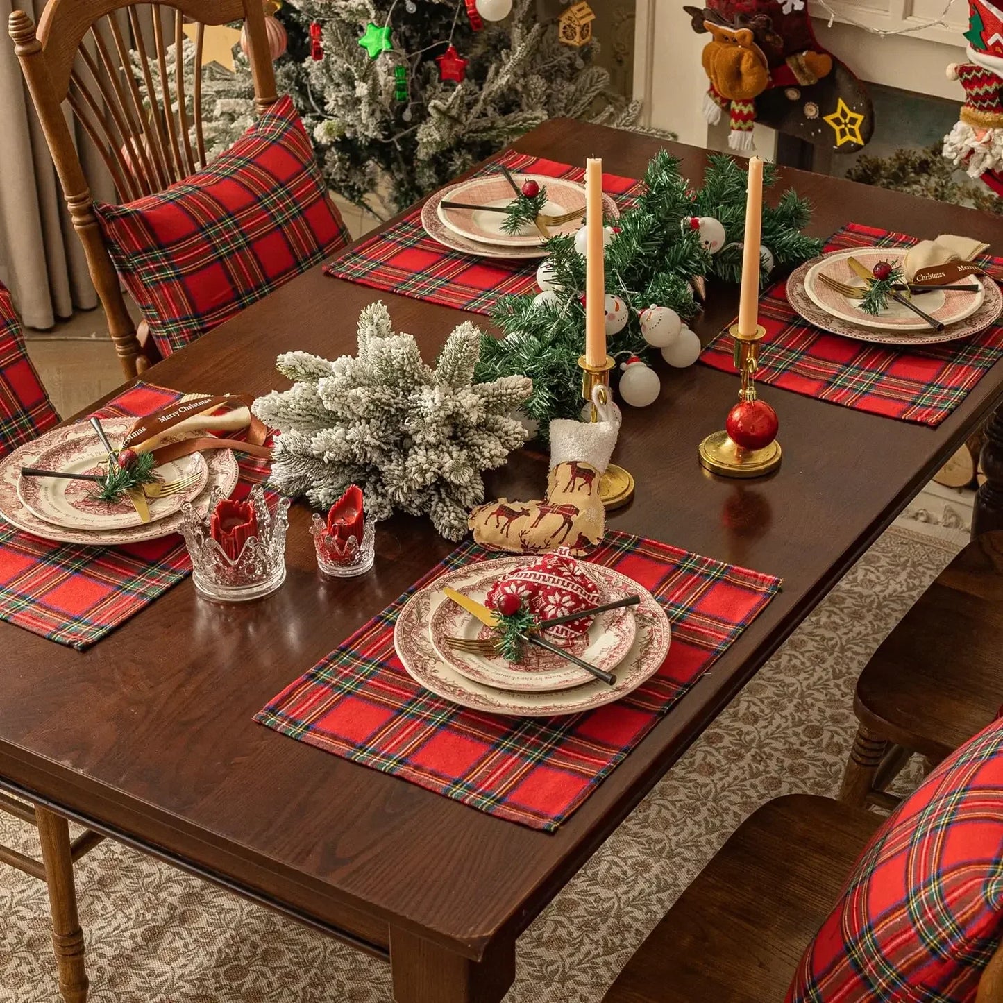 4pcs Table Napkin Christmas Placemats Red Soft Scottish Tartan Plaid Cloth Napkins Decorative Kitchen Festive Home Table Decor