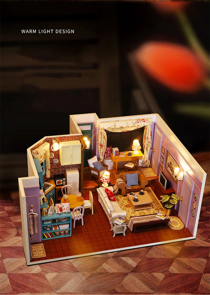 DIY Wooden Joey‘s Apartment Casa Miniature Building Kits Bookend With Lights Assembled Bookshelf Home Decoration Friends Gifts