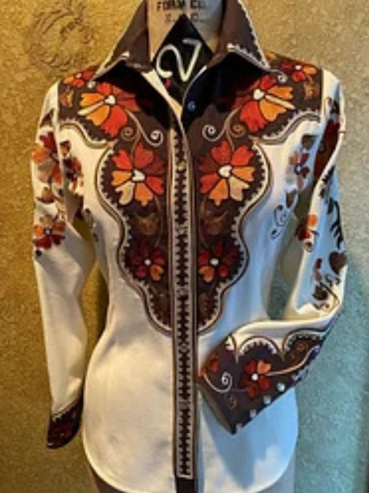 Western Style Print Casual Slim Women's Shirt 2024 Autumn Vintage Women's Long Sleeve Shirts and Blouses Fashion Elegant Tops