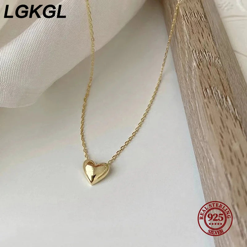 LGKGL 925 Sterling Silver Glossy Heart Pendant Plated 14K Gold Necklace Women  Fashion Temperament Anniversary Jewelry