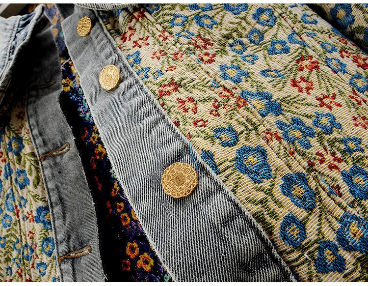 Spring Fashion Jacquard Embroidery Denim Jacket Women Loose Short Blue Cowboy Outwear Peter Pan Collar Jeans Jacket Coat Female