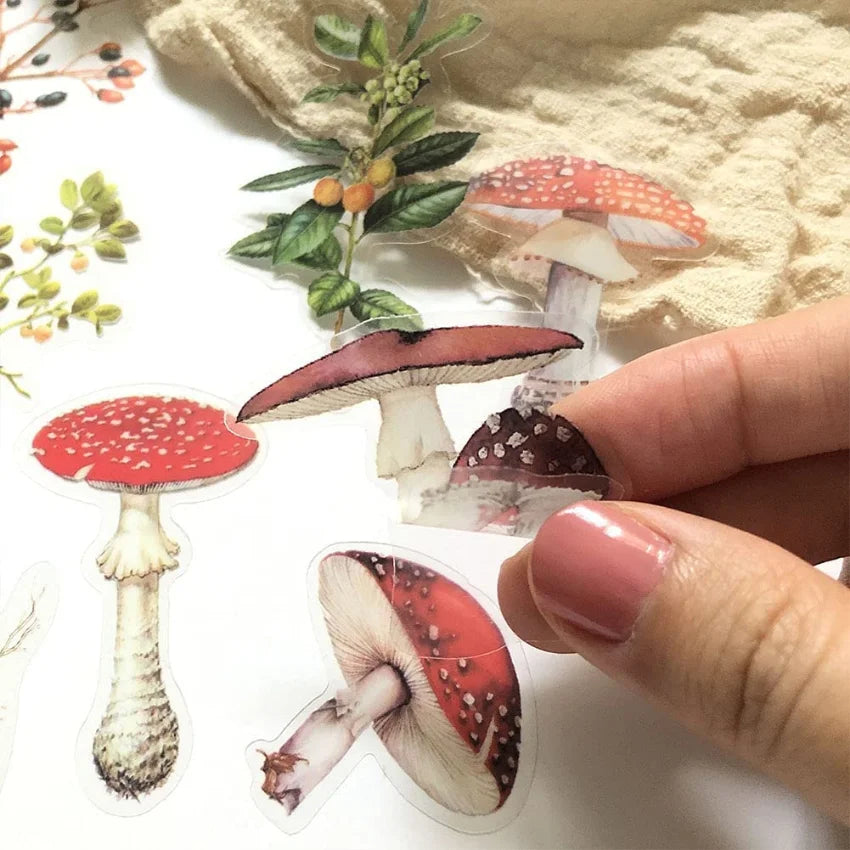 Mushrooms Plant Stickers Set(80 PCS) PET Transparent Vintage Nature Stickers for Scrapbooking Planner Journaling DIY Crafts