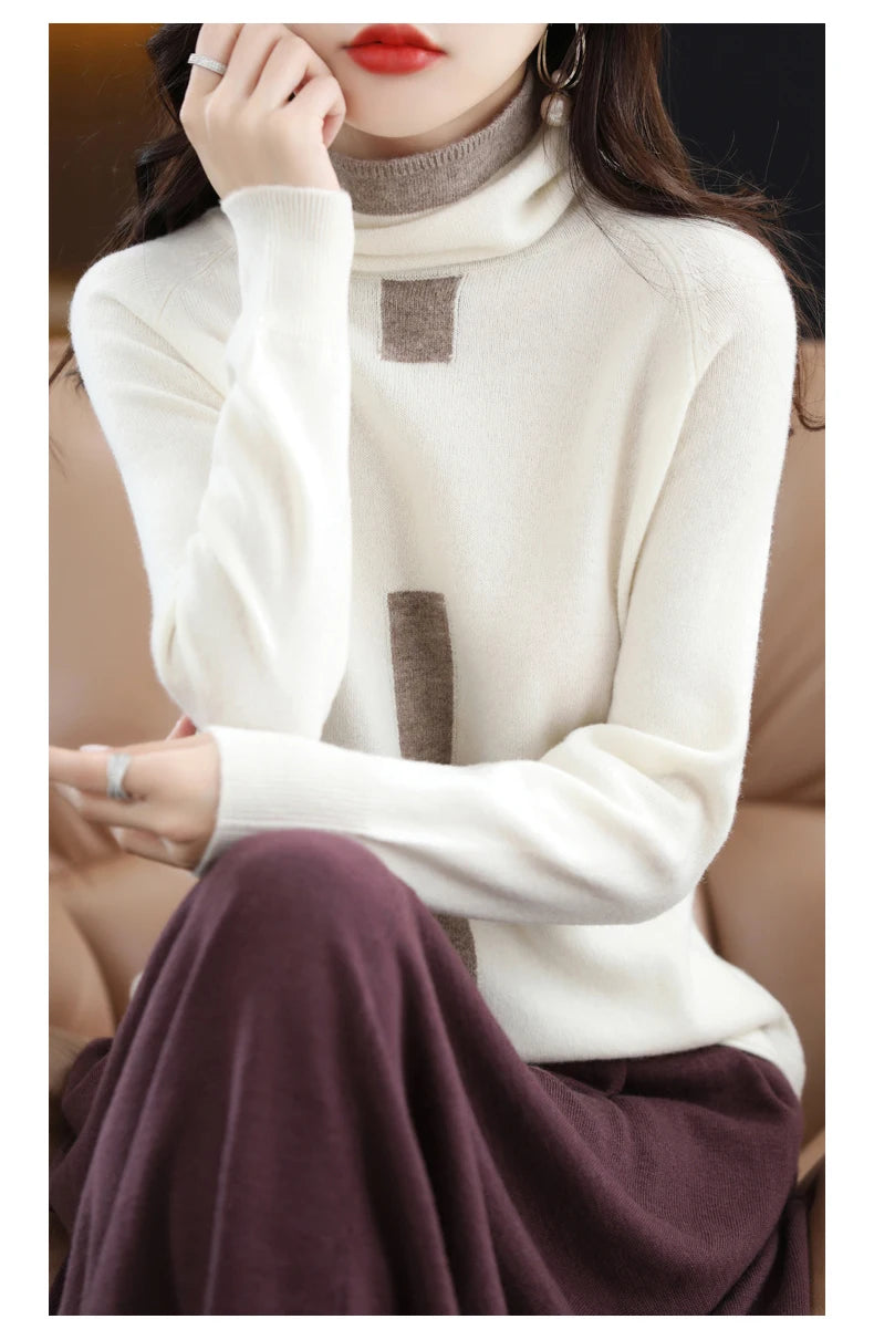 100% Mink Cashmere Sweater Ladies Pile Collar Pullover Tops Spring / Autumn New Colorblock Top Korean Style Fashion Tight Thin