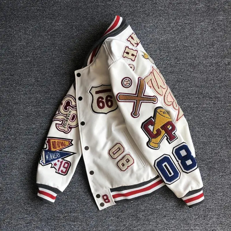 2025 New Men's winter baseball Jacket Men Retro Trend leather Jacket heavy industry embroidery white short Coats Men Clothing