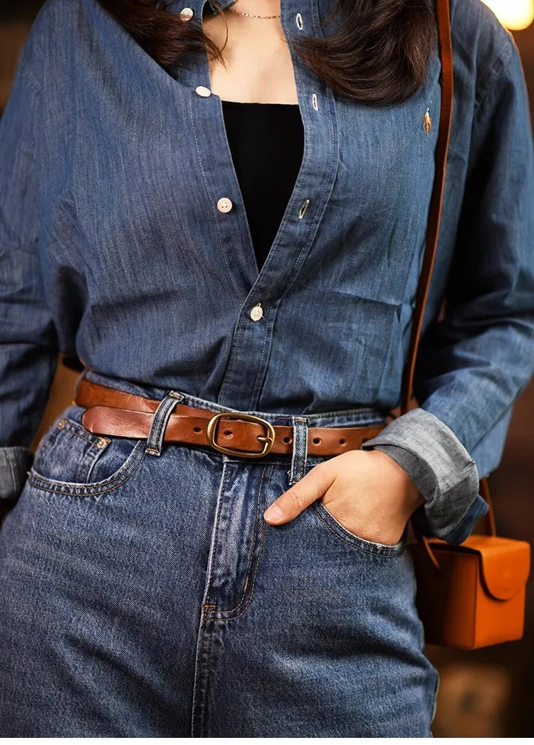 Retro Narrow Genuine Leather Women's Belt Pure Copper Button Western Cowboy Style Versatile Jeans Belt Fashion Luxury Women Belt