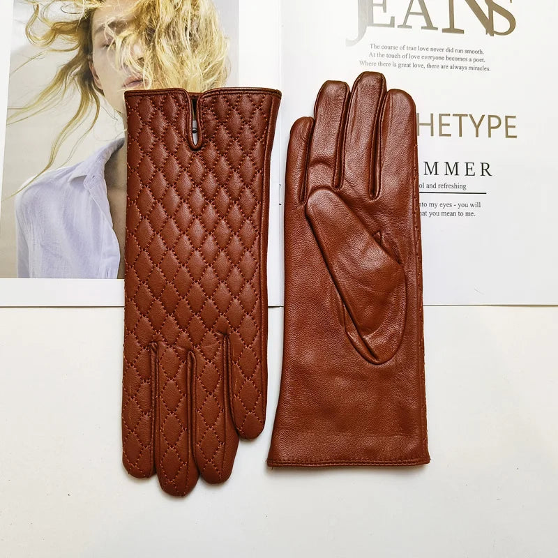 Women's sheepskin gloves with touch screen insulation and velvet lining for windproof riding and driving gloves