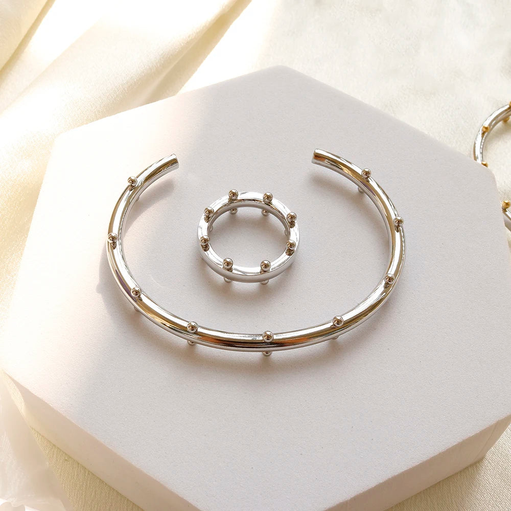 Luxury Jewelry Set Stainless Steel Bangle Bracelet Finger Ring Hoop Earrings With Mini Balls For Women Men Fashion Jewelry Gifts