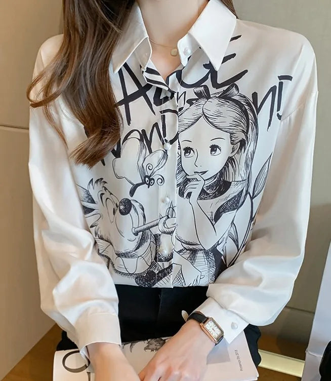 Casual Long Sleeve Cartoon Print Shirt Elegant Chiffon Blouse Women Vintage Harajuku Loose Tops Korean Chic Women Clothing Tunic