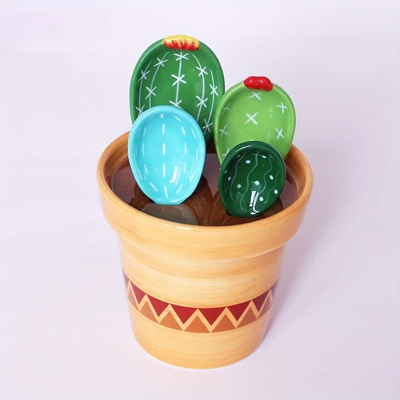 1set Ceramic Cactus Measuring Spoons Set Adorable Functional Kitchen Utensils with Holder Cup Unique Home Ornament Measuring Cup