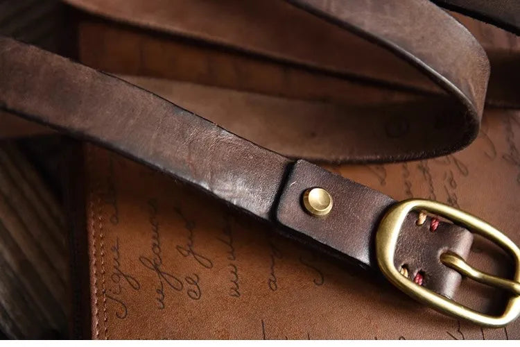 Retro Narrow Genuine Leather Women's Belt Pure Copper Button Western Cowboy Style Versatile Jeans Belt Fashion Luxury Women Belt