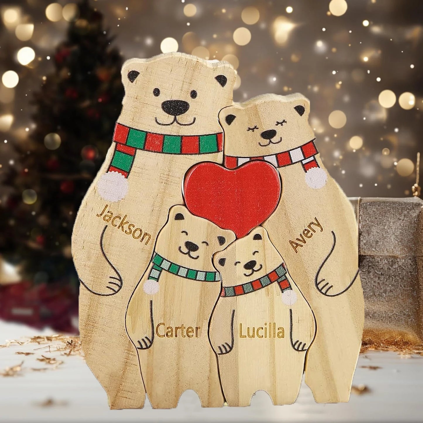 Custom Name Wooden Bear Family Ornaments Personalized Wood Carving Bear Puzzle Christmas Birthday Gift home decor action figure Valentines Gift