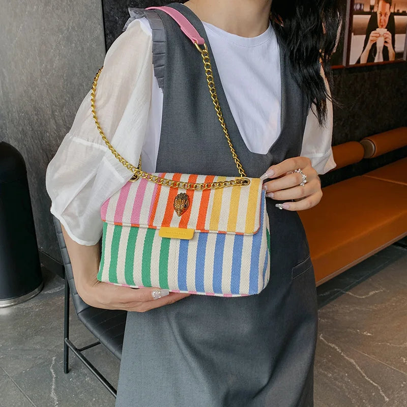 Summer Fashion Beach Bag Colorful Stripe Canvas Bag Handheld Tote Bag Women's Leisure Vacation One Shoulder Crossbody Bag-ll