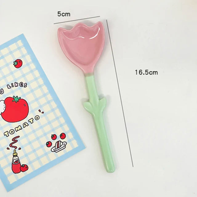 Kawaii Ceramic Flower Spoon Tulip Shaped Cute Milk Ice Cream Dessert Soup Spoon With Long Handle Kitchen Tableware Accessories