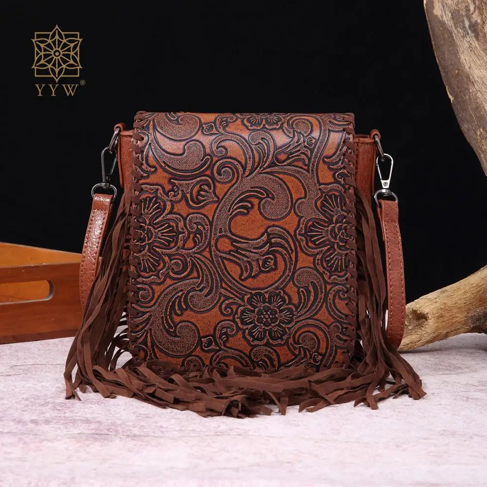 Small Vegan Leather Cowhide Women's Crossbody Handbag with Tassel Wrangler West Fringe Purse for Women Shoulder Bag Tooled Aztec