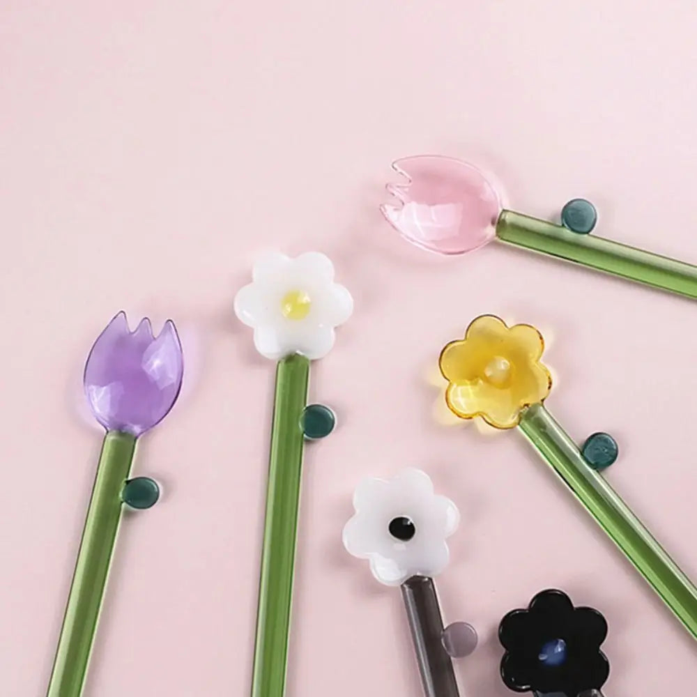 Long handle Glass Spoon Creative Transparent Glass Dessert Spoon Flower Shaped Colored Coffee Stirring Spoon Stick Bar