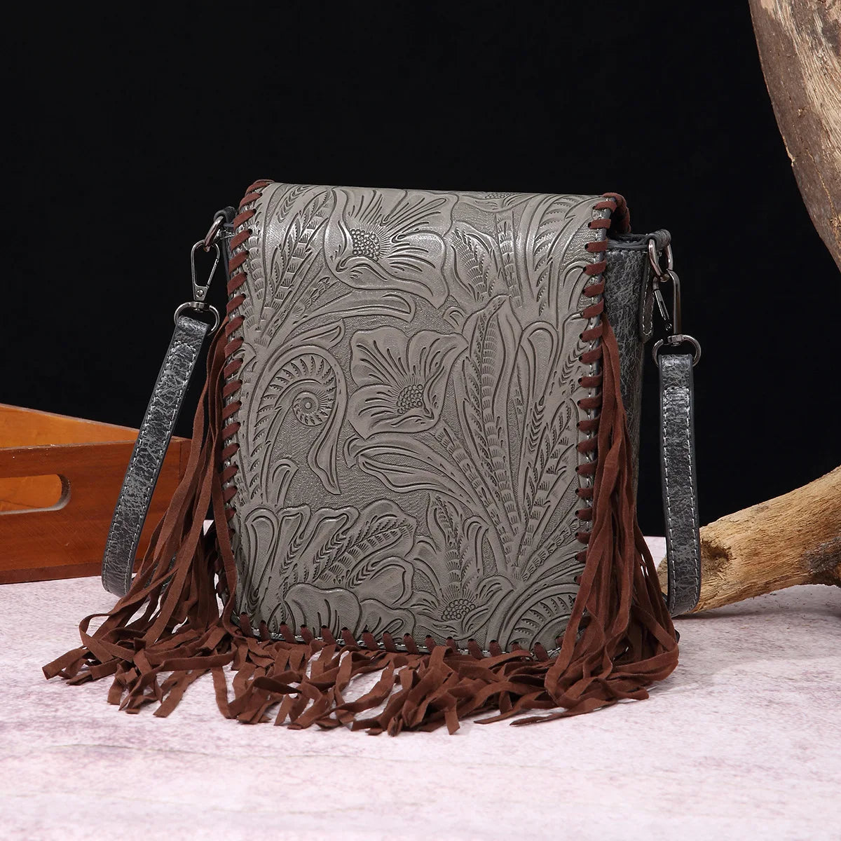 Small Vegan Leather Cowhide Women's Crossbody Handbag with Tassel Wrangler West Fringe Purse for Women Shoulder Bag Tooled Aztec