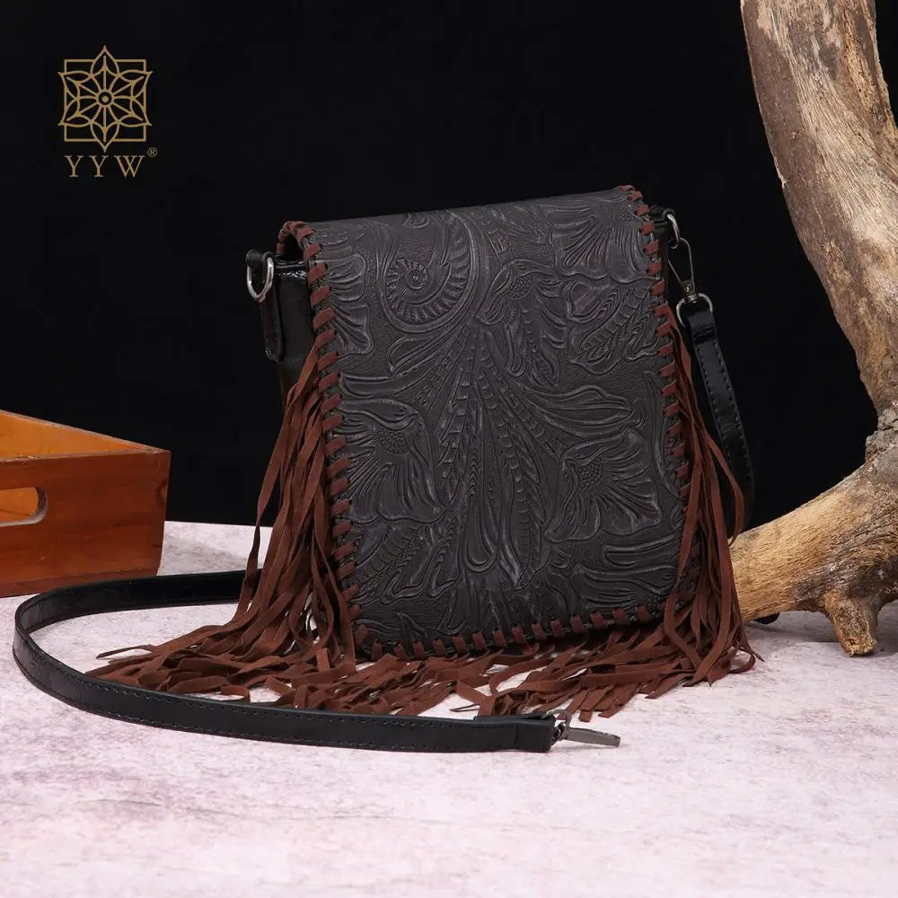 Small Vegan Leather Cowhide Women's Crossbody Handbag with Tassel Wrangler West Fringe Purse for Women Shoulder Bag Tooled Aztec