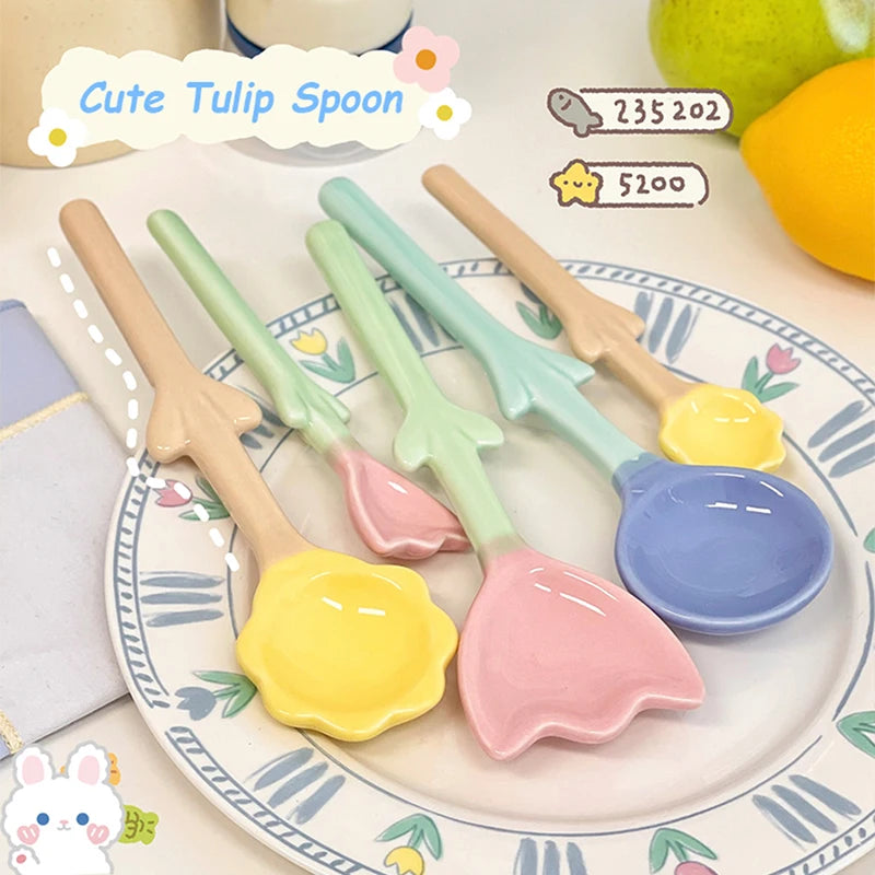 Kawaii Ceramic Flower Spoon Tulip Shaped Cute Milk Ice Cream Dessert Soup Spoon With Long Handle Kitchen Tableware Accessories