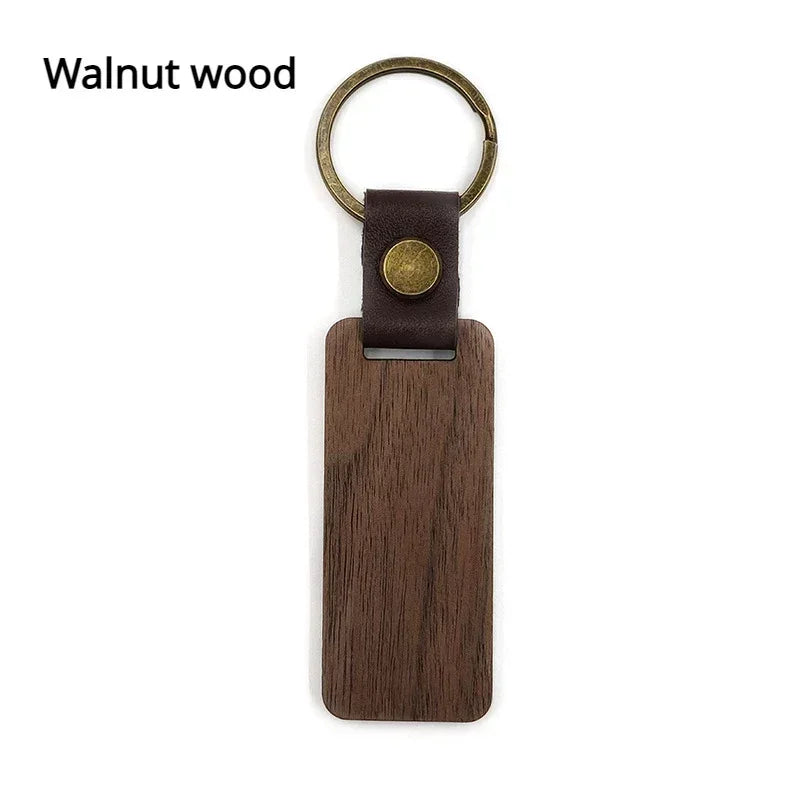 Customized PU Leather Wooden Keychain Blank DIY Wood Keyring Square Engraved Car Key Chains Retro for Friends Lovers Family Gift Valentines Gift