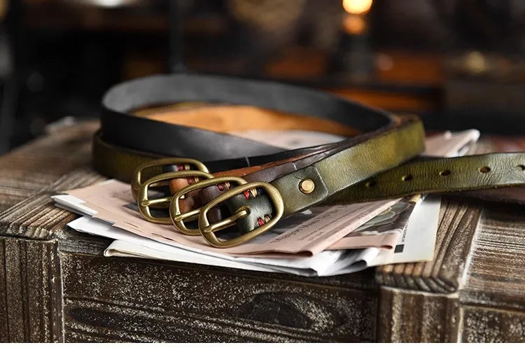 Retro Narrow Genuine Leather Women's Belt Pure Copper Button Western Cowboy Style Versatile Jeans Belt Fashion Luxury Women Belt