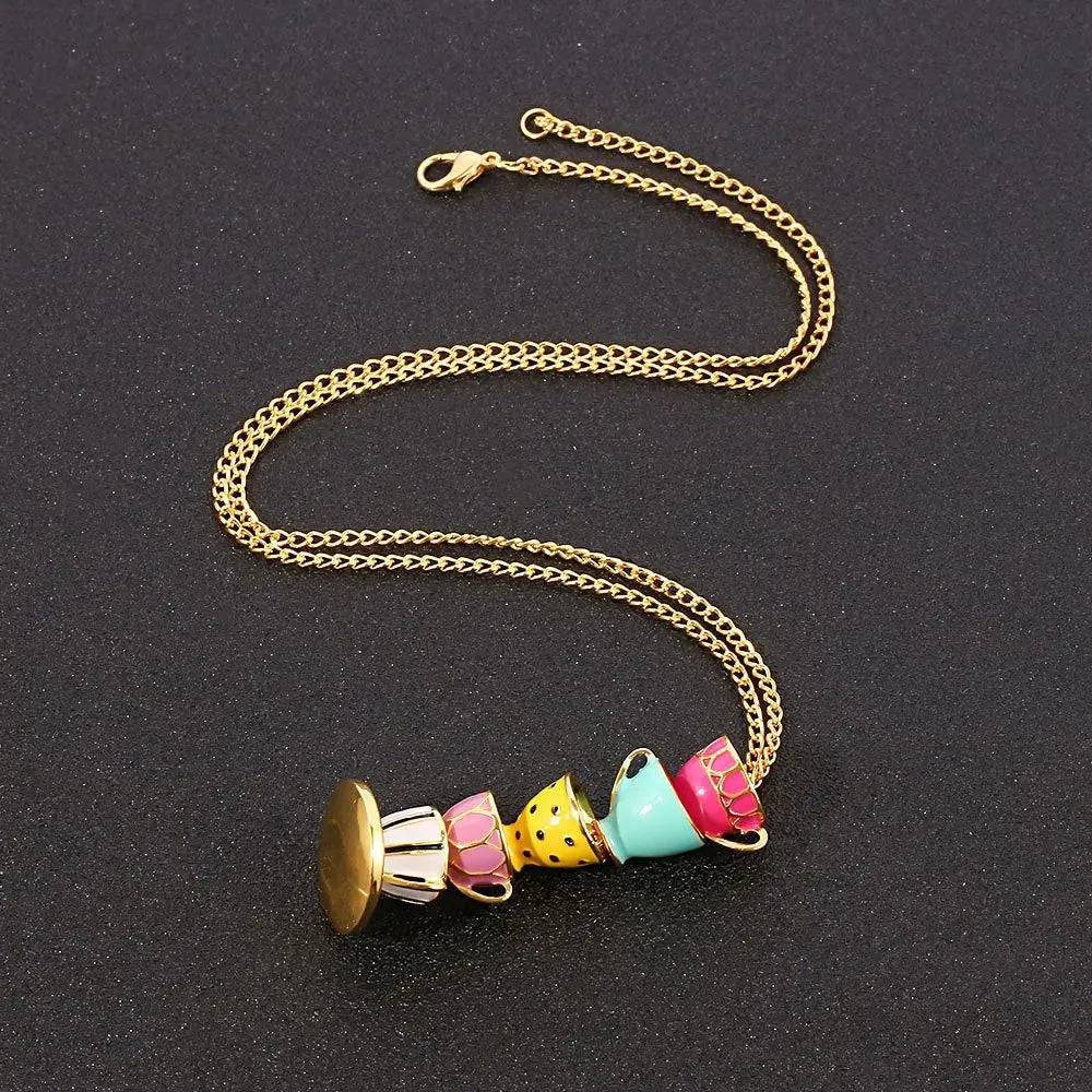 Teapot Locket Enamel Jewelry Hand Made Sweater Chain Coffee Cup pendant Long Necklace Earrings Tea Cup Necklace Teapot Necklace