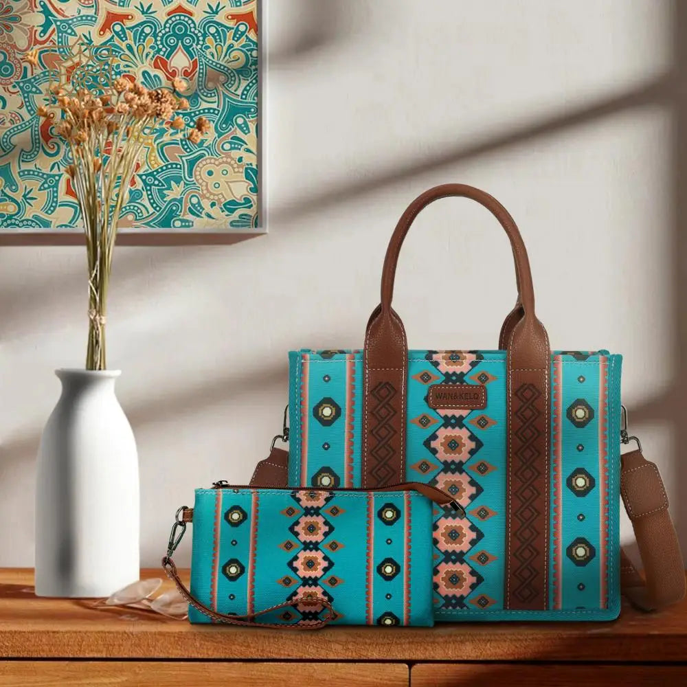 Women Canvas Western Printed Tote Handbag Large Capacity Shoulder Boho Aztec Bags New Wrangler Cowgirls Commuter Shopping Purse