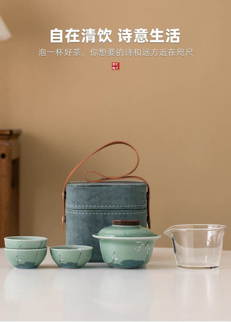 Chinese Style Travel Tea Set, Celadon Cover Bowl Small Set, One Pot, Three Cups, Fast Customer Cup, Portable Kung Fu Tea Maker