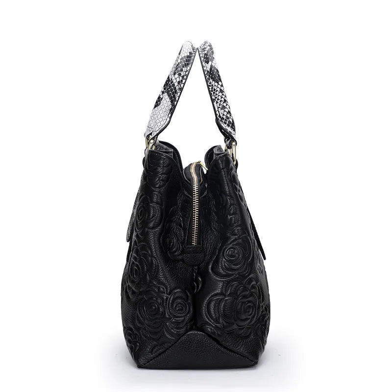 Aidrani  Women's luxury leather handbag, large capacity black, with floral and snake pattern design,