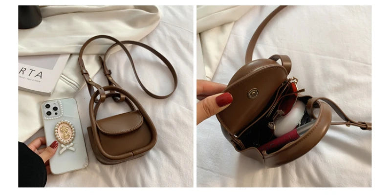 New Fashion Designer Mini Shoulder Bags Solid Color Black Brown Pu Leather Cross Body Bags Earphone Lipstick Small Storage Bags