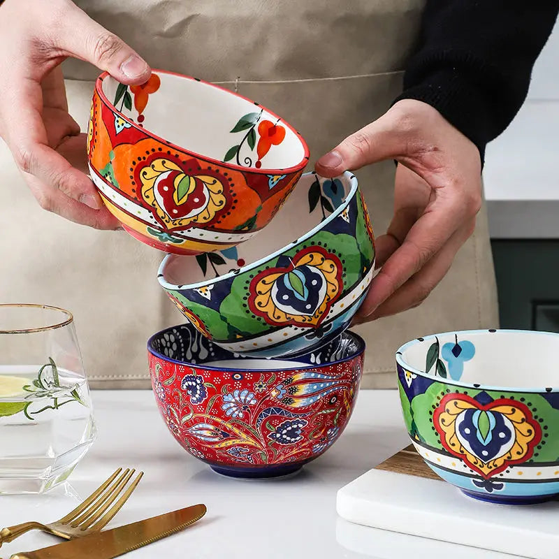 Creative Bowl Ceramic Bohemian Hand-Painted Rice Bowl  Instant Noodle Bowl Household Fruit Salad Bowl Kitchen Tableware