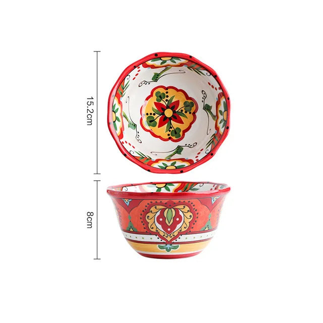 Creative Bowl Ceramic Bohemian Hand-Painted Rice Bowl  Instant Noodle Bowl Household Fruit Salad Bowl Kitchen Tableware