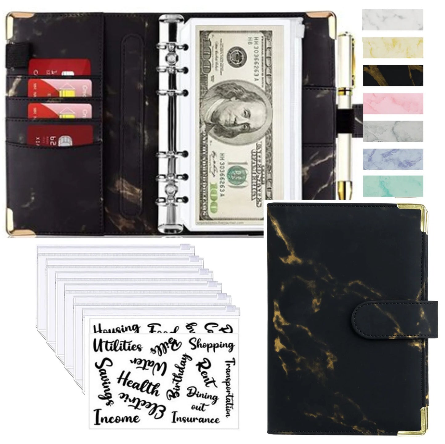 A6 Money Saving Organizer PU Leather Budget Binder Marble Notebook Budgets Planner 2023 Envelope Office School Supplies Valentines Gift