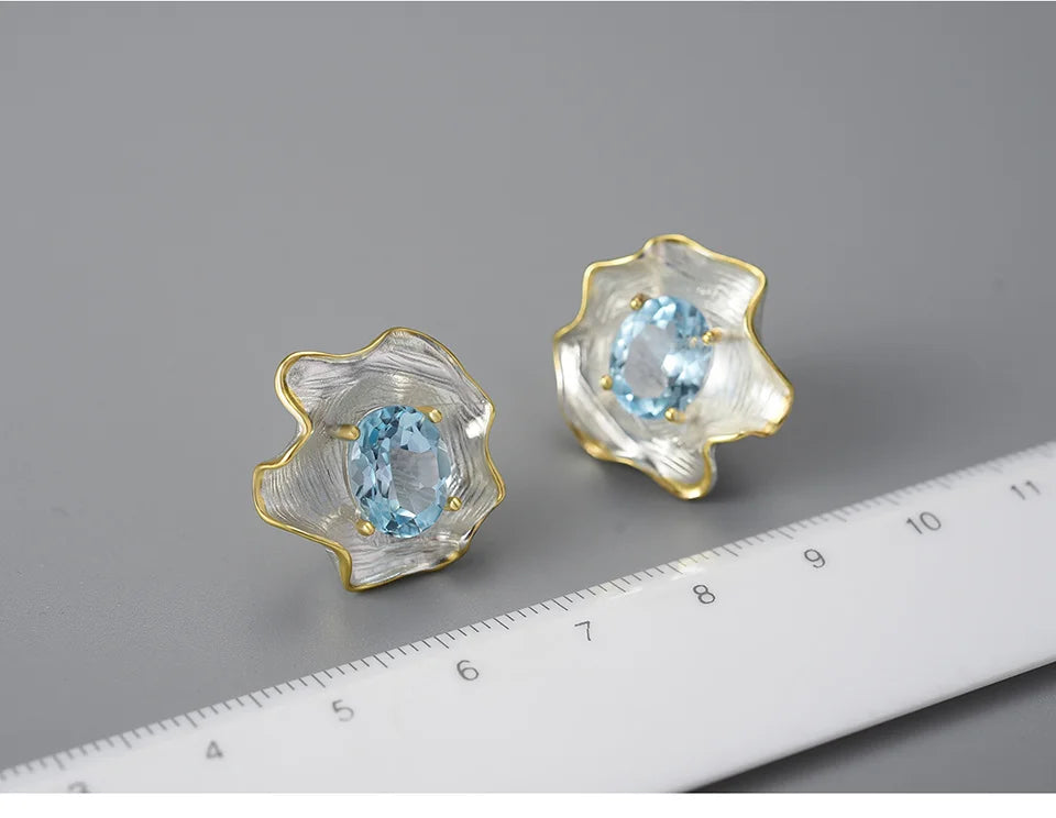 Lotus Fun Natural Topaz Gemstone Curled Leaf Stud Earrings for Women 925 Sterling Silver Vintage Baroque Style Luxury Jewelry