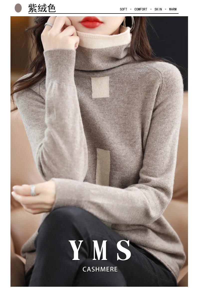 100% Mink Cashmere Sweater Ladies Pile Collar Pullover Tops Spring / Autumn New Colorblock Top Korean Style Fashion Tight Thin