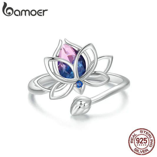 BAMOER 925 Sterling Silver Lotus Adjustable Ring Encouragement Lotus Flower Open Wrap Ring Inspirational Jewelry Gift for Women