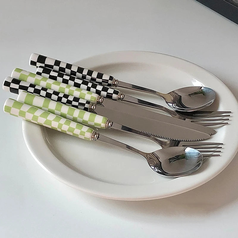 Stainless Steel Knife Fork Spoon with Checkerboard Ceramic Handle Kitchen Dinnerware Dessert Fork Knife Spoon Tableware Set