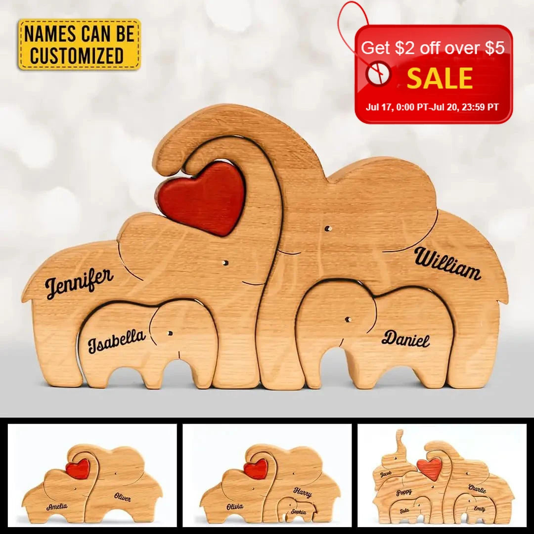 Personalized Elephant Family Wooden Puzzle Love Animal Wood Puzzle Custom Family Name Sculpture Free Engraving Decor Gifts Valentines Gift