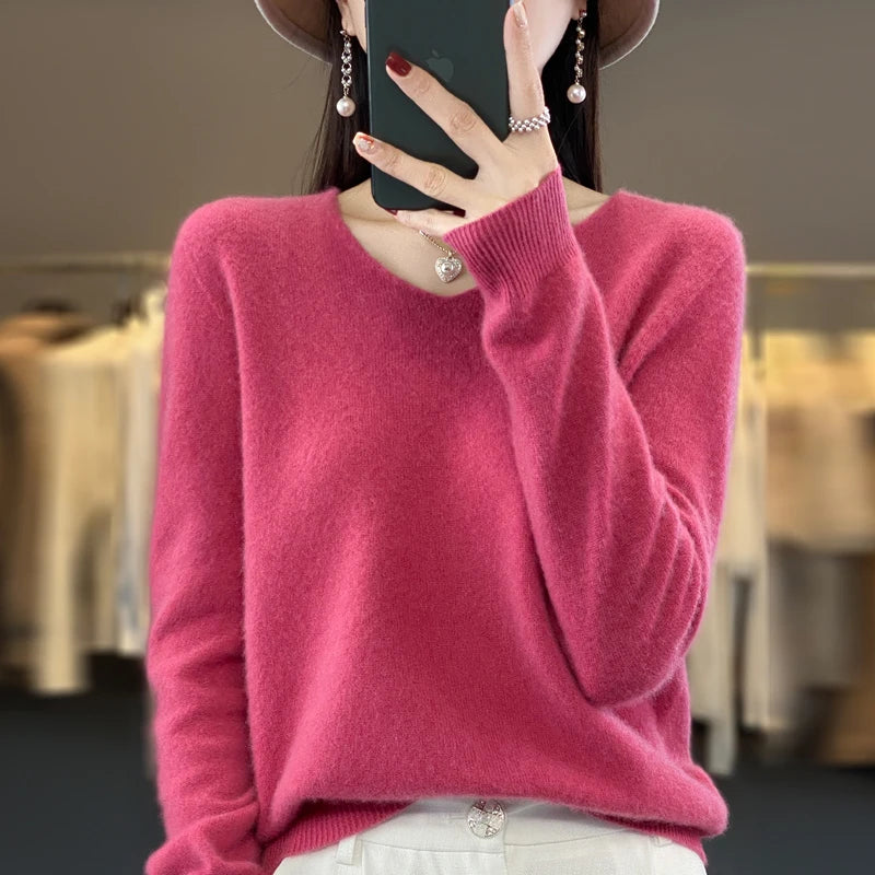 100% pure wool cashmere sweater women's V-neck pullover casual knit top autumn and winter women's coat Korean fashion