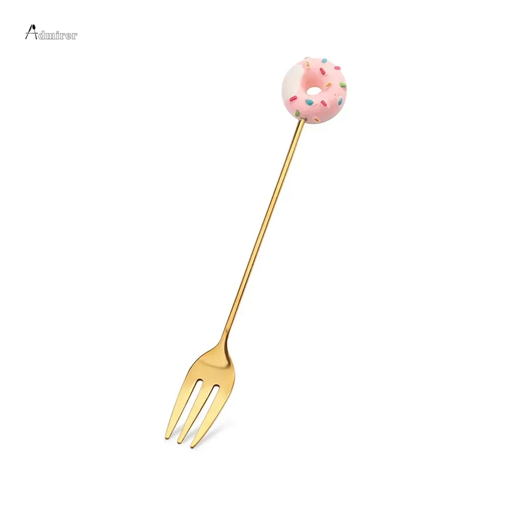 Stainless Steel Spoon Fork Cute Version Rainbow Lollipop Donut Macaron Dessert Spoons Fruit Forks Kids Set Kitchen Accessories