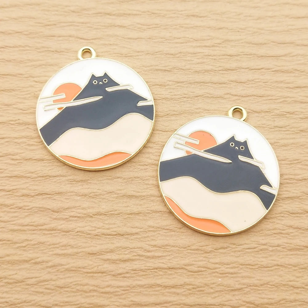 10pcs Scenery Cat Charm for Jewelry Making Supplies Enamel Necklace Pendant Keychain Phone Diy Craft Accessories Gold Plated