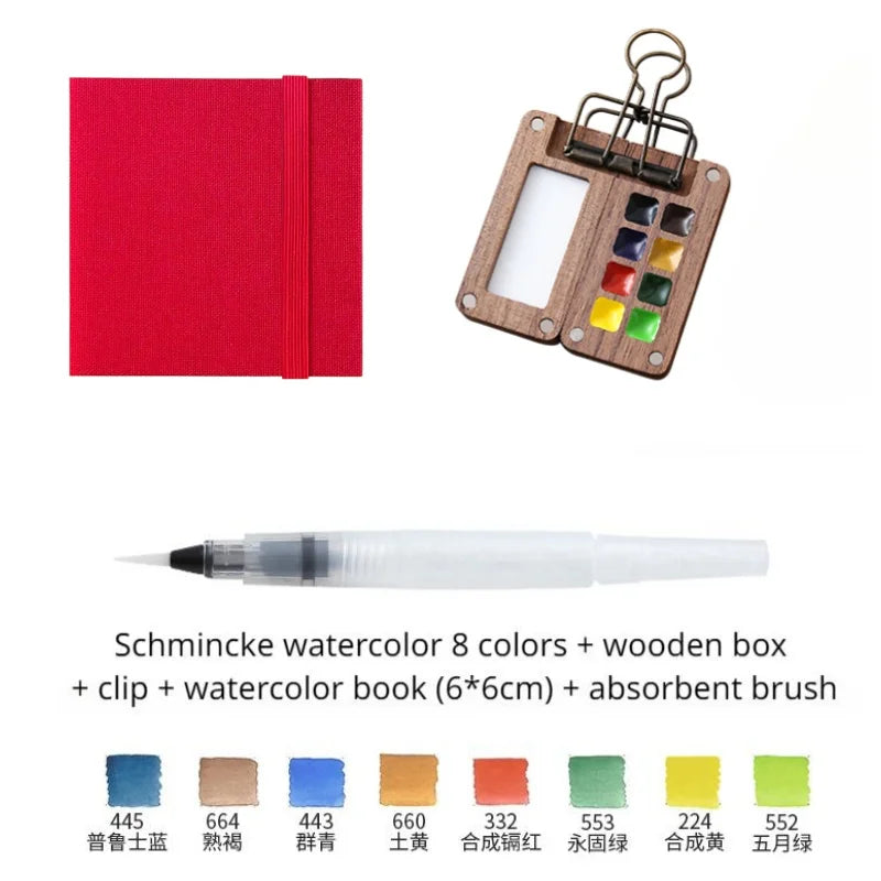 Portable Travel Watercolor Set Schmincke Watercolor 8 Colors Mini Walnut Paint Box Sketchbook Student Outing Art Supplies